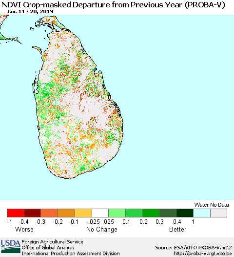 Sri Lanka NDVI Crop-masked Departure from Previous Year (PROBA-V) Thematic Map For 1/11/2019 - 1/20/2019