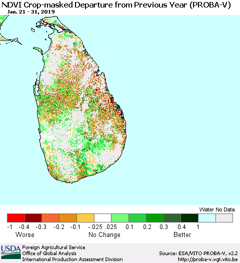 Sri Lanka NDVI Crop-masked Departure from Previous Year (PROBA-V) Thematic Map For 1/21/2019 - 1/31/2019