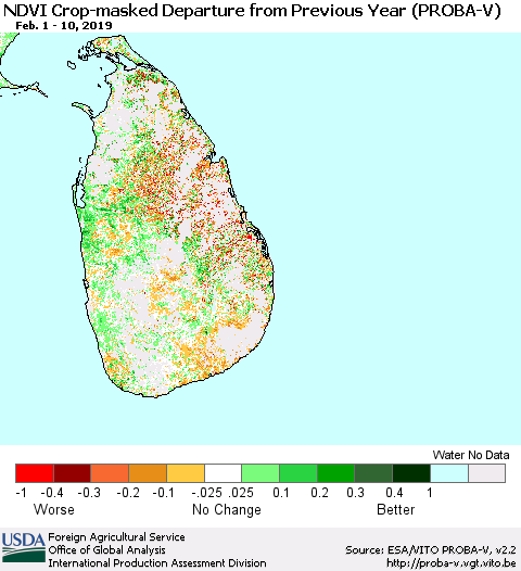 Sri Lanka NDVI Crop-masked Departure from Previous Year (PROBA-V) Thematic Map For 2/1/2019 - 2/10/2019