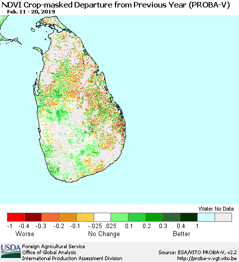 Sri Lanka NDVI Crop-masked Departure from Previous Year (PROBA-V) Thematic Map For 2/11/2019 - 2/20/2019