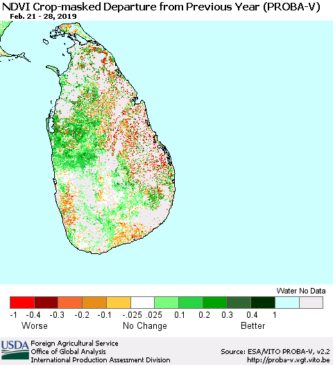 Sri Lanka NDVI Crop-masked Departure from Previous Year (PROBA-V) Thematic Map For 2/21/2019 - 2/28/2019