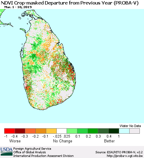 Sri Lanka NDVI Crop-masked Departure from Previous Year (PROBA-V) Thematic Map For 3/1/2019 - 3/10/2019