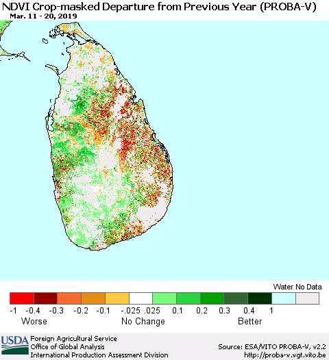 Sri Lanka NDVI Crop-masked Departure from Previous Year (PROBA-V) Thematic Map For 3/11/2019 - 3/20/2019