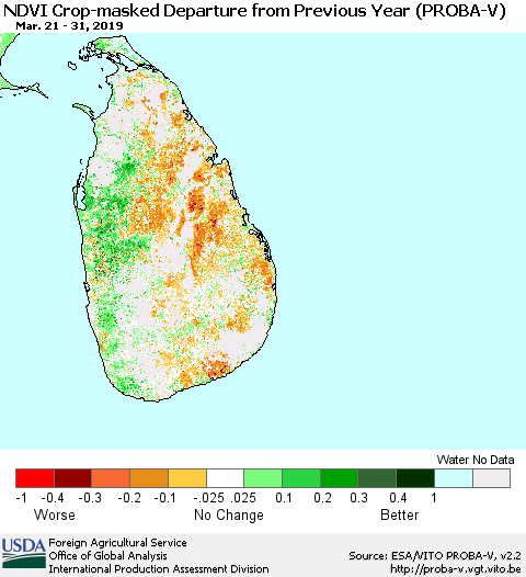 Sri Lanka NDVI Crop-masked Departure from Previous Year (PROBA-V) Thematic Map For 3/21/2019 - 3/31/2019