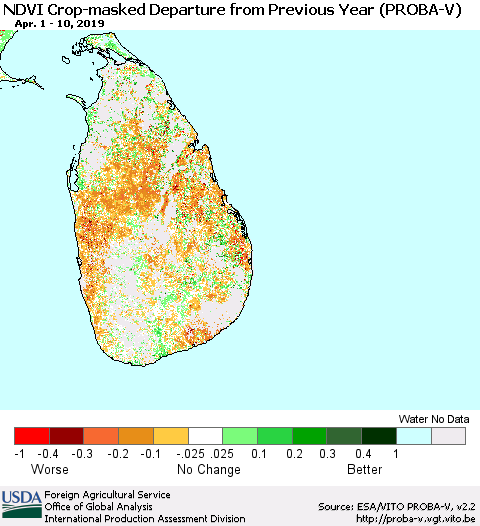 Sri Lanka NDVI Crop-masked Departure from Previous Year (PROBA-V) Thematic Map For 4/1/2019 - 4/10/2019