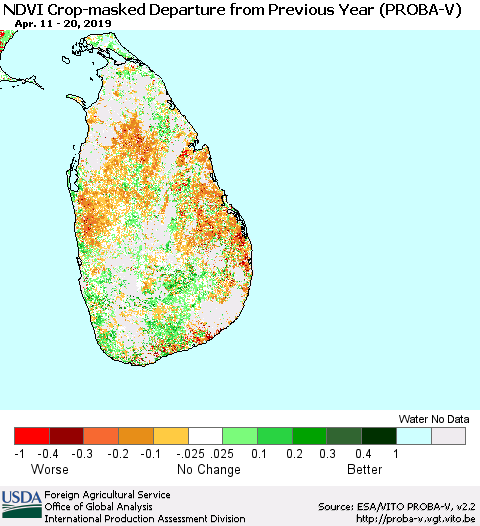 Sri Lanka NDVI Crop-masked Departure from Previous Year (PROBA-V) Thematic Map For 4/11/2019 - 4/20/2019