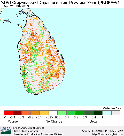 Sri Lanka NDVI Crop-masked Departure from Previous Year (PROBA-V) Thematic Map For 4/21/2019 - 4/30/2019