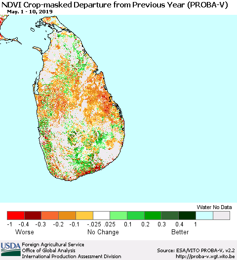 Sri Lanka NDVI Crop-masked Departure from Previous Year (PROBA-V) Thematic Map For 5/1/2019 - 5/10/2019