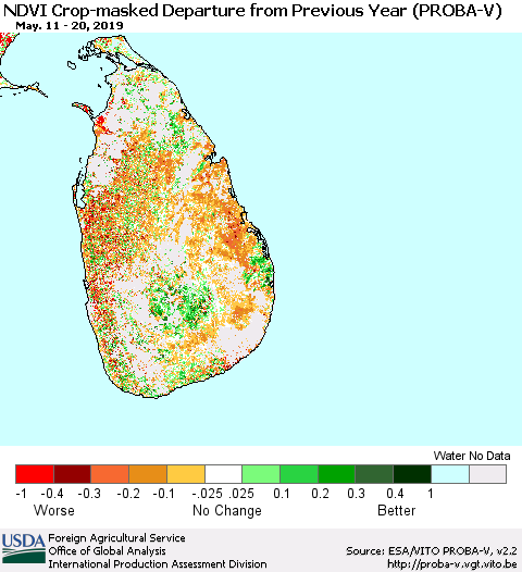 Sri Lanka NDVI Crop-masked Departure from Previous Year (PROBA-V) Thematic Map For 5/11/2019 - 5/20/2019