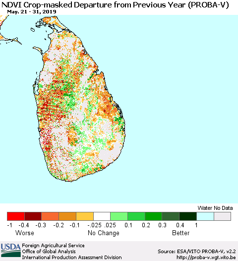 Sri Lanka NDVI Crop-masked Departure from Previous Year (PROBA-V) Thematic Map For 5/21/2019 - 5/31/2019