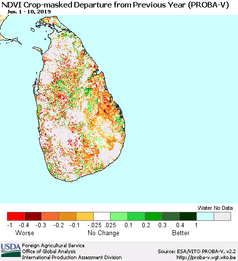Sri Lanka NDVI Crop-masked Departure from Previous Year (PROBA-V) Thematic Map For 6/1/2019 - 6/10/2019
