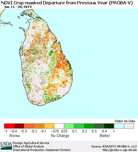 Sri Lanka NDVI Crop-masked Departure from Previous Year (PROBA-V) Thematic Map For 6/11/2019 - 6/20/2019