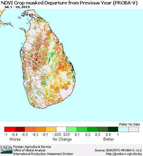 Sri Lanka NDVI Crop-masked Departure from Previous Year (PROBA-V) Thematic Map For 7/1/2019 - 7/10/2019