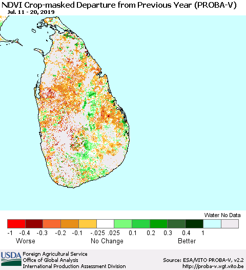 Sri Lanka NDVI Crop-masked Departure from Previous Year (PROBA-V) Thematic Map For 7/11/2019 - 7/20/2019