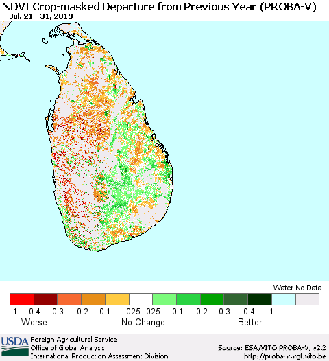 Sri Lanka NDVI Crop-masked Departure from Previous Year (PROBA-V) Thematic Map For 7/21/2019 - 7/31/2019