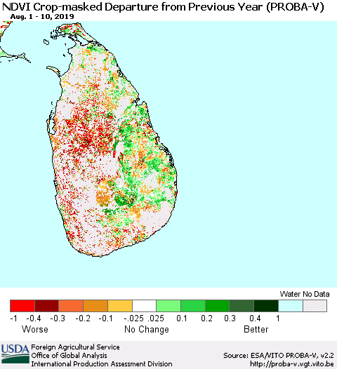 Sri Lanka NDVI Crop-masked Departure from Previous Year (PROBA-V) Thematic Map For 8/1/2019 - 8/10/2019