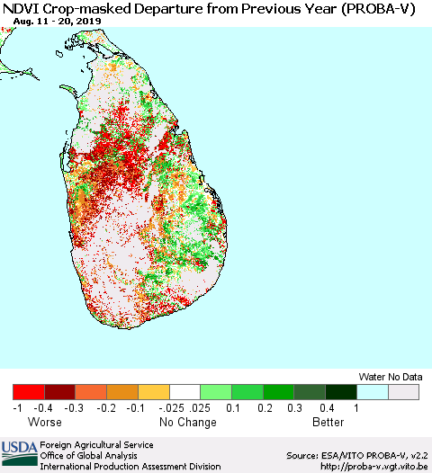 Sri Lanka NDVI Crop-masked Departure from Previous Year (PROBA-V) Thematic Map For 8/11/2019 - 8/20/2019