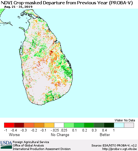 Sri Lanka NDVI Crop-masked Departure from Previous Year (PROBA-V) Thematic Map For 8/21/2019 - 8/31/2019