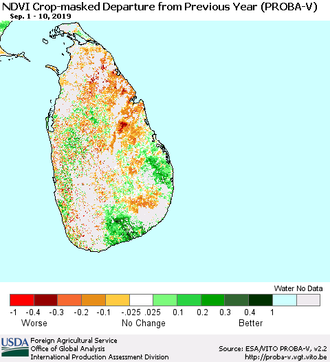 Sri Lanka NDVI Crop-masked Departure from Previous Year (PROBA-V) Thematic Map For 9/1/2019 - 9/10/2019