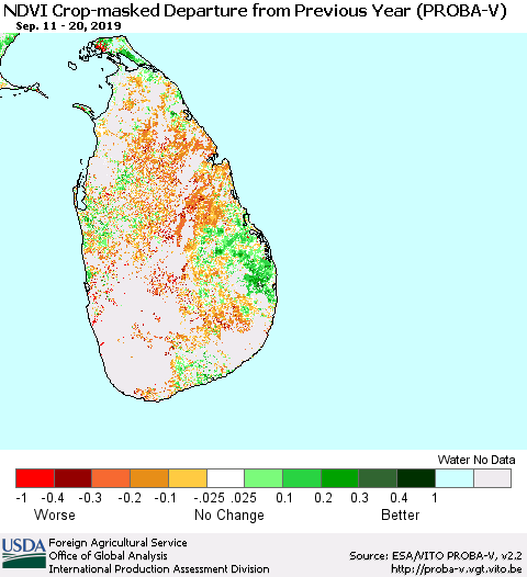 Sri Lanka NDVI Crop-masked Departure from Previous Year (PROBA-V) Thematic Map For 9/11/2019 - 9/20/2019