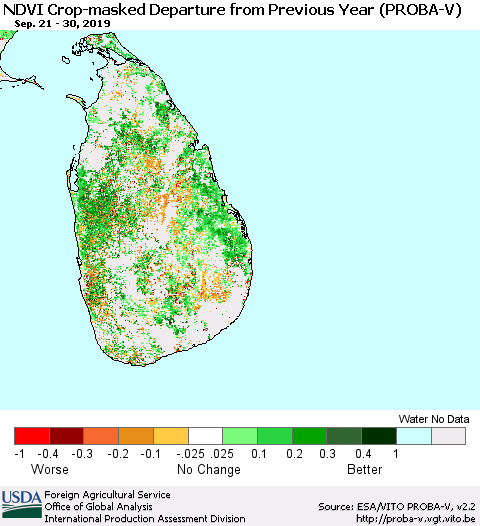 Sri Lanka NDVI Crop-masked Departure from Previous Year (PROBA-V) Thematic Map For 9/21/2019 - 9/30/2019