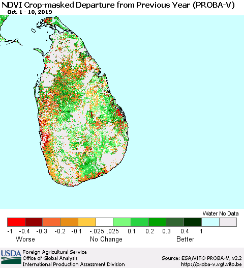 Sri Lanka NDVI Crop-masked Departure from Previous Year (PROBA-V) Thematic Map For 10/1/2019 - 10/10/2019