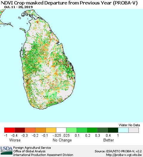 Sri Lanka NDVI Crop-masked Departure from Previous Year (PROBA-V) Thematic Map For 10/11/2019 - 10/20/2019