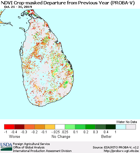 Sri Lanka NDVI Crop-masked Departure from Previous Year (PROBA-V) Thematic Map For 10/21/2019 - 10/31/2019