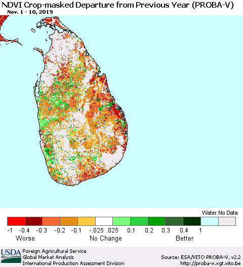 Sri Lanka NDVI Crop-masked Departure from Previous Year (PROBA-V) Thematic Map For 11/1/2019 - 11/10/2019