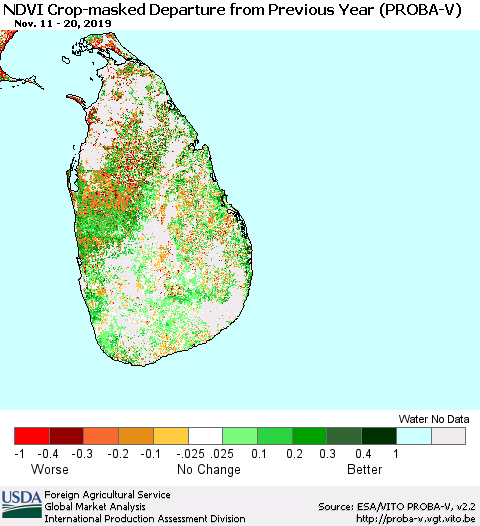 Sri Lanka NDVI Crop-masked Departure from Previous Year (PROBA-V) Thematic Map For 11/11/2019 - 11/20/2019