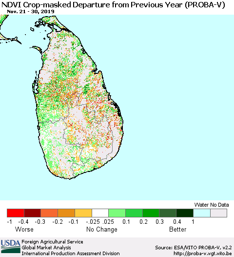 Sri Lanka NDVI Crop-masked Departure from Previous Year (PROBA-V) Thematic Map For 11/21/2019 - 11/30/2019