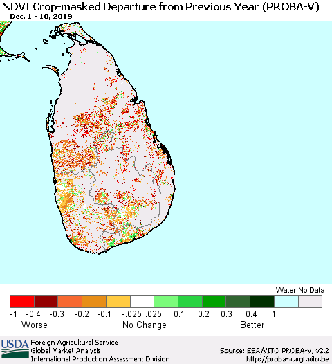 Sri Lanka NDVI Crop-masked Departure from Previous Year (PROBA-V) Thematic Map For 12/1/2019 - 12/10/2019