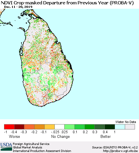 Sri Lanka NDVI Crop-masked Departure from Previous Year (PROBA-V) Thematic Map For 12/11/2019 - 12/20/2019