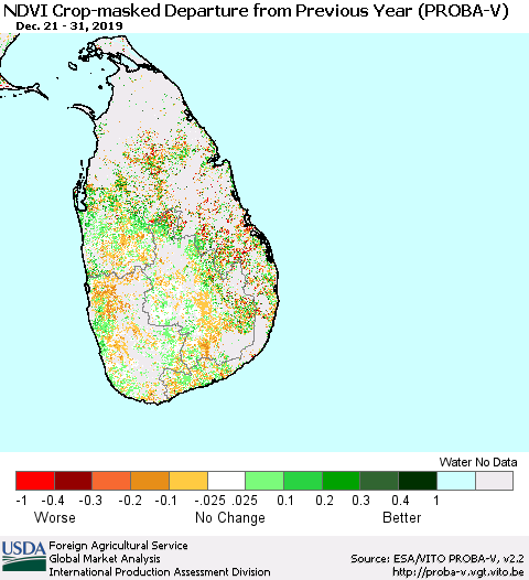 Sri Lanka NDVI Crop-masked Departure from Previous Year (PROBA-V) Thematic Map For 12/21/2019 - 12/31/2019