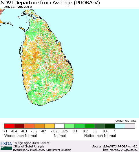 Sri Lanka NDVI Departure from Average (PROBA-V) Thematic Map For 1/11/2018 - 1/20/2018
