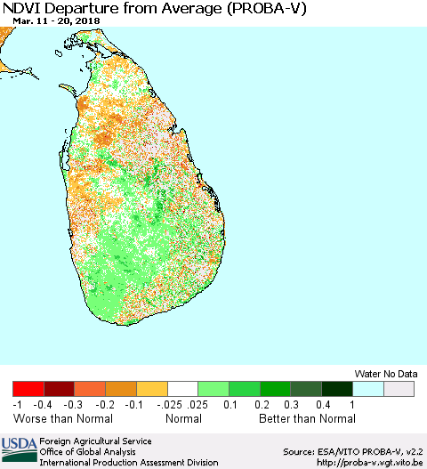 Sri Lanka NDVI Departure from Average (PROBA-V) Thematic Map For 3/11/2018 - 3/20/2018