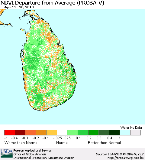 Sri Lanka NDVI Departure from Average (PROBA-V) Thematic Map For 4/11/2018 - 4/20/2018