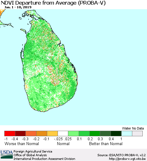 Sri Lanka NDVI Departure from Average (PROBA-V) Thematic Map For 1/1/2019 - 1/10/2019