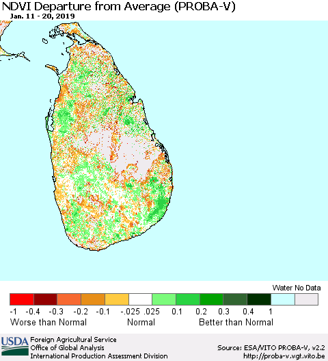 Sri Lanka NDVI Departure from Average (PROBA-V) Thematic Map For 1/11/2019 - 1/20/2019