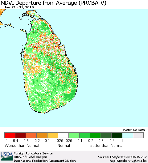 Sri Lanka NDVI Departure from Average (PROBA-V) Thematic Map For 1/21/2019 - 1/31/2019