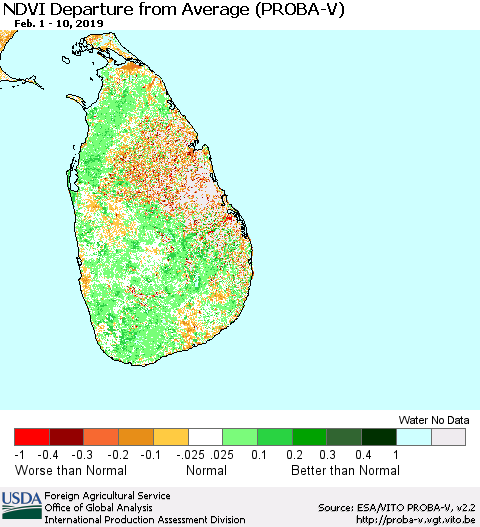 Sri Lanka NDVI Departure from Average (PROBA-V) Thematic Map For 2/1/2019 - 2/10/2019