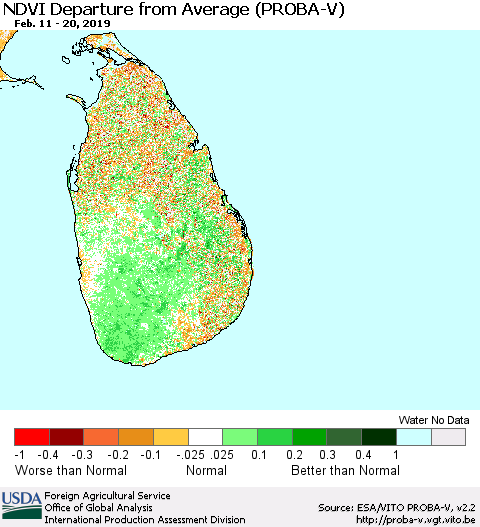 Sri Lanka NDVI Departure from Average (PROBA-V) Thematic Map For 2/11/2019 - 2/20/2019