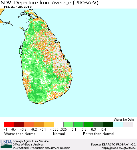 Sri Lanka NDVI Departure from Average (PROBA-V) Thematic Map For 2/21/2019 - 2/28/2019