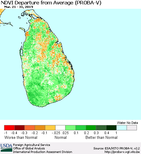 Sri Lanka NDVI Departure from Average (PROBA-V) Thematic Map For 3/21/2019 - 3/31/2019