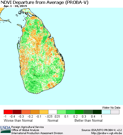 Sri Lanka NDVI Departure from Average (PROBA-V) Thematic Map For 4/1/2019 - 4/10/2019