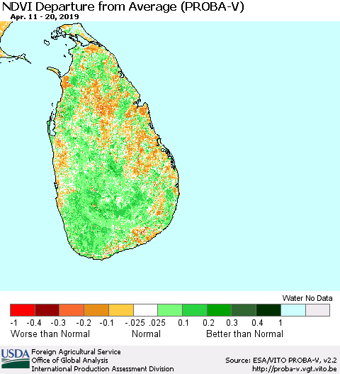 Sri Lanka NDVI Departure from Average (PROBA-V) Thematic Map For 4/11/2019 - 4/20/2019