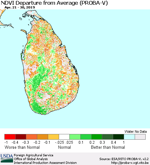 Sri Lanka NDVI Departure from Average (PROBA-V) Thematic Map For 4/21/2019 - 4/30/2019