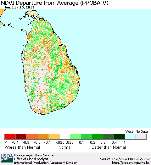 Sri Lanka NDVI Departure from Average (PROBA-V) Thematic Map For 6/11/2019 - 6/20/2019