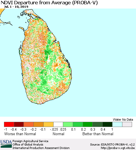 Sri Lanka NDVI Departure from Average (PROBA-V) Thematic Map For 7/1/2019 - 7/10/2019