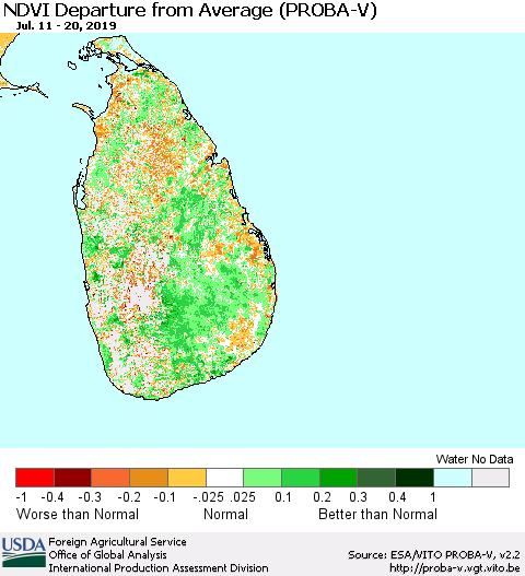 Sri Lanka NDVI Departure from Average (PROBA-V) Thematic Map For 7/11/2019 - 7/20/2019